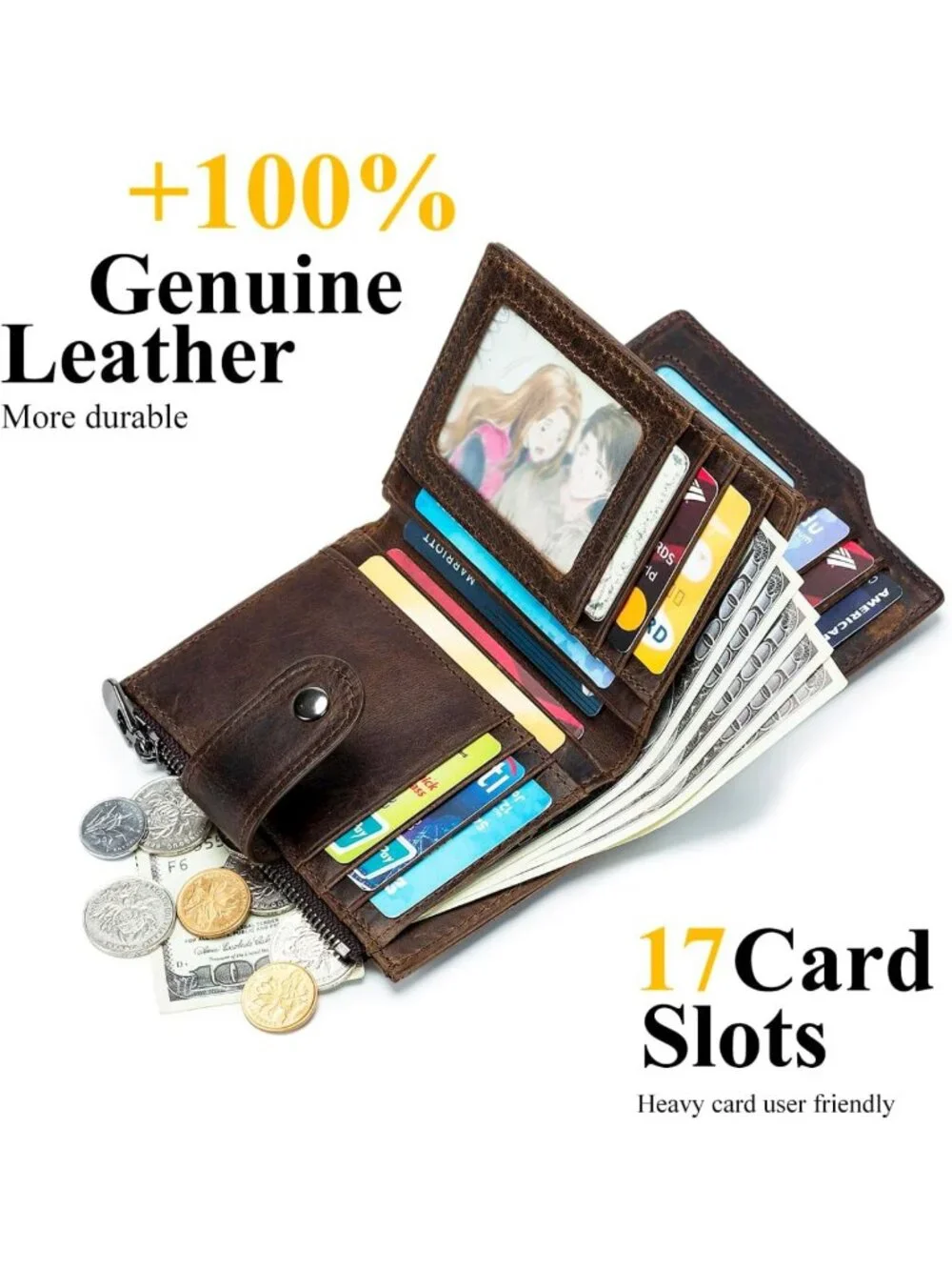 Large Capacity RFID Blocking Leather Wallet for Men, 17 Card Slots & Coin Pocket
